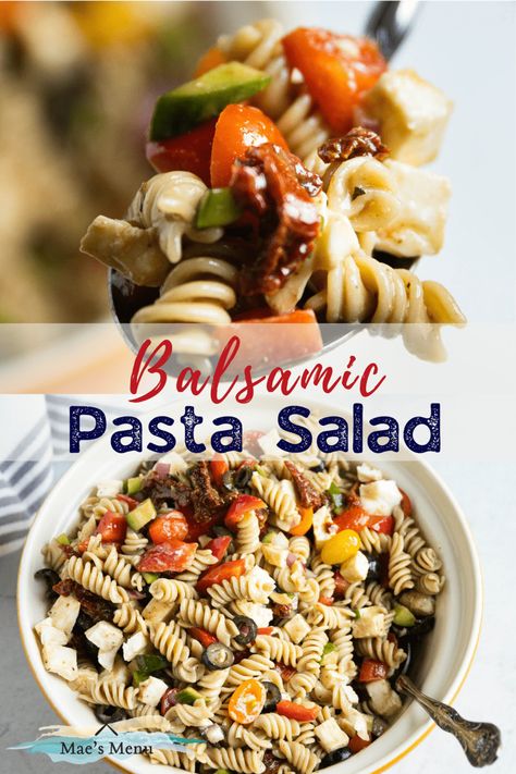 Balsamic Pasta Salad - Mae's Menu Pasta Salad Recipes Balsamic, Salad Recipes Balsamic, Tangy Pasta Salad, Balsamic Pasta Salad, Pasta Salad Dressing Recipe, Balsamic Pasta, Homemade Pasta Salad, Balsamic Dressing Recipe, Balsamic Vinaigrette Recipe