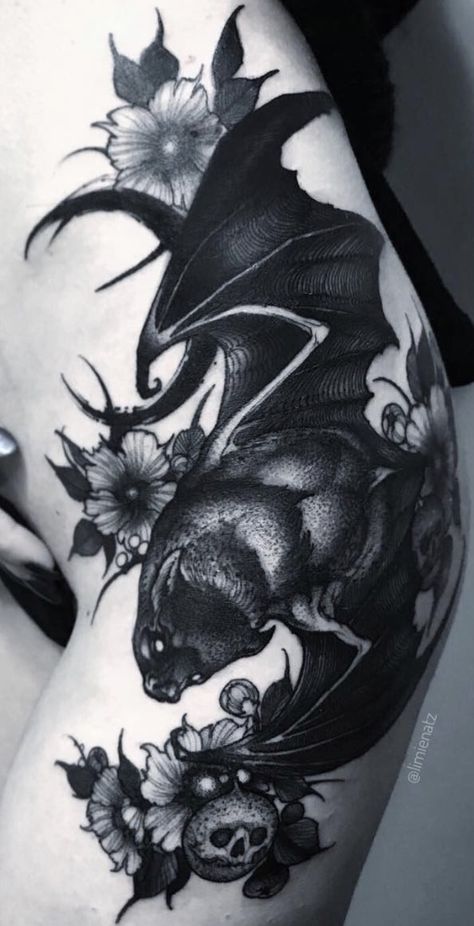 Bat Tattoo Cover Up, Black And Grey Bat Tattoo, Bat Sleeve Tattoo, Gothic Lower Back Tattoo, Gothic Cover Up Tattoos, Cover Up Tattoos For Black Ink, Black Bat Tattoo, Bat Flower Tattoo, Bat Tattoo Sleeve