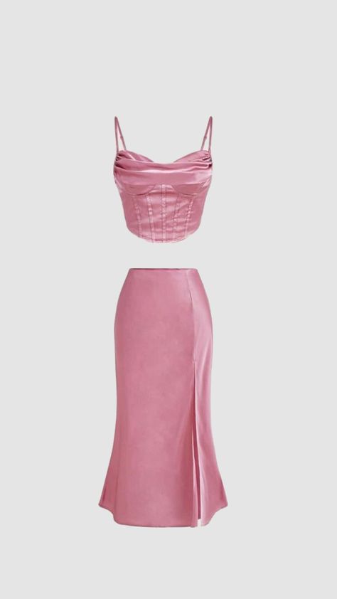 Pink Corset Top Satin Matching Set, pink corset top with matching skirt, maxi skirt, satin outfit Skirt Satin Outfit, Satin Matching Set, Maxi Skirt Satin, Satin Outfit, Pink Corset Top, E Girl Outfits, Top Satin, Satin Cami Top, Pink Corset