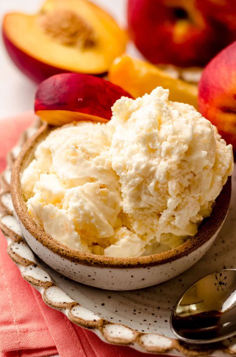 Learn how to make homemade peach ice cream using fresh peaches, a few basic ingredients, and your ice cream maker. Peach Ice Cream Homemade, Peach Ice Cream Recipe, Homemade Peach Ice Cream, Honey Ice Cream, Ice Cream Place, Gluten Free Ice Cream, Peach Syrup, Peach Ice Cream, Ice Cream Base