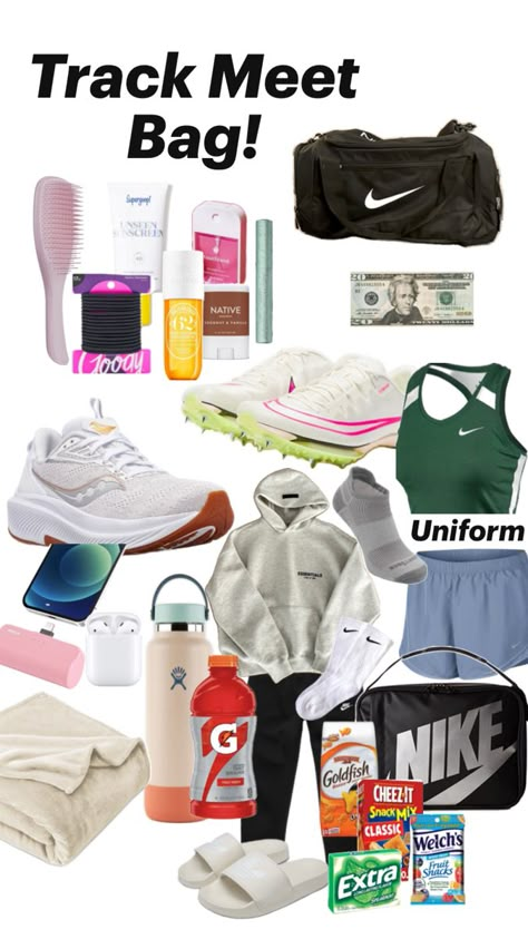 Everything that you need for a track meet. Depending on weather conditions you might bring other things. This is just the overall idea of what to bring. ❤️ Track Meet Essentials, Track Motivation, Track Fits, Track Bag, Running Fits, Track Season, Xc Running, Track Outfits, Track And Field Sports