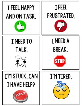 These cards could be cut out, laminated, and put onto a ring for individual students or available for whole-class use. The purpose of these cards is to allow students to self-monitor their feelings and behaviors without disrupting others.  The cards are as follows:  I feel happy and on-task! I feel frustrated. I am stuck. Can I have help? I need a break. I am tired. I need to talk. Therapeutic Classroom, Pec Cards, Social Work Activities, Aba Resources, Special Education Behavior, Communication Boards, Oliver James, I Feel Happy, I Need A Break