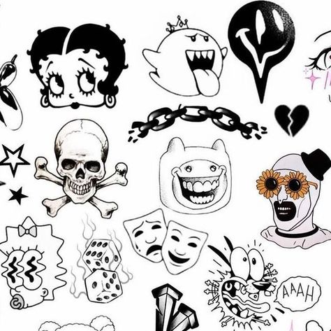 Blackwork Flash Sheet, Patchwork Flash Sheet, Flash Sheets Tattoo, Tattoo Sheets Drawings, Blackwork Tattoo Flash Sheet, Skull Flash Tattoo, Goth Tattoo Flash Sheet, 90s Flash Tattoo, Pokémon Sketches