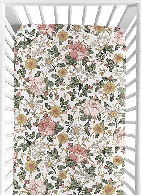 Amazon.com: Sweet Jojo Designs Vintage Floral Boho Girl Fitted Crib Sheet Baby or Toddler Bed Nursery - Blush Pink, Yellow, Green and White Shabby Chic Rose Flower Farmhouse : Baby Sarah King, Boho Baby Girl, Baby Sheets, Portable Crib, Mini Crib Sheets, Toddler Mattress, Sweet Jojo Designs, Jojo Designs, White Shabby Chic