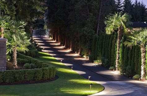 Curved Driveway To Garage, Dark Driveway, Dream Driveway, Beautiful Driveways, Driveway Entrance Landscaping, Lighting Landscape, Asphalt Driveway, Driveway Lighting, Landscape Lighting Design