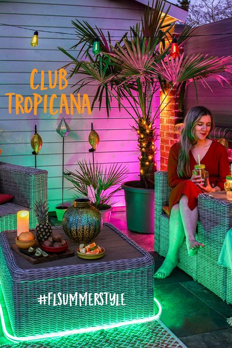 Welcome to Part 1 of #FLsummerstyle! In this first instalment of the summer styling series we show you just how to get those 'Club Tropicana' vibes in your own outdoor space. Although we may be biased, we believe that when it comes to outdoor styling, it's ALL about the lighting. Club Tropicana Party Theme, Club Tropicana Party, Tropicana Party, Outdoor Neon Sign, Summer Night Party, Outdoor Styling, St Monica, Club Tropicana, How To Garden