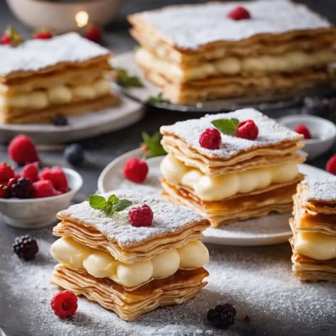 Simple Elegance Mille Feuille – From 📌Pin To Plate🍰 Milli Feuille Desserts, Mille Feuille Recipe, Millefeuille Recipe, Budapest Cafe, Fancy Pastries, Design Cibo, Cream Cheese Puff Pastry, Savory Puff Pastry, Food Clay