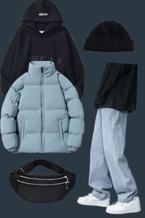 Styling Puffer Jacket, Baggy Jacket Outfit, White Hoodie Outfit Men, Puffer Jacket Street Style, Style Black Hoodie, Blue Puffer Jacket Outfit, Puffer Jacket Outfit Ideas, Blue Hoodie Outfit, Hoodie Outfit Ideas