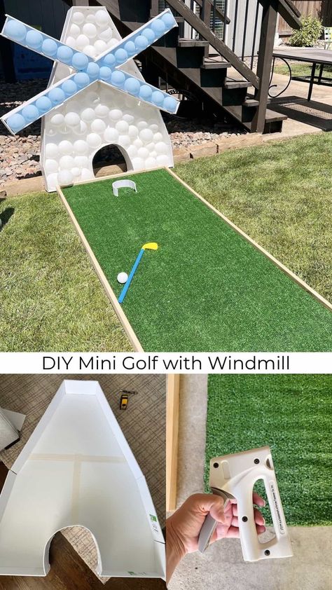 DIY Backyard Mini Golf- Putt Putt for Kiddos - traditionallycozy.com Windmill Birthday Party, Diy Mini Golf Course Ideas Outdoor, Diy Golf Birthday Decorations, Mini Golf Obstacles Diy, Office Putt Putt Golf Diy Ideas, Diy Golf Course, Diy Mini Golf Course Ideas, Putt Putt Golf Diy Ideas, Diy Putt Putt