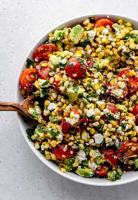 Grilled Corn And Avocado Salad With Feta, Mediterranean Chicken Avocado Corn Salad, Grilled Lemon Lime Corn Salad, Roasted Corn And Avocado Salad, Cilantro Lime Chicken Sides, Fall Corn Salad, Grilled Corn Salad Recipes, Corn Feta Salad, Quinoa Salad Feta