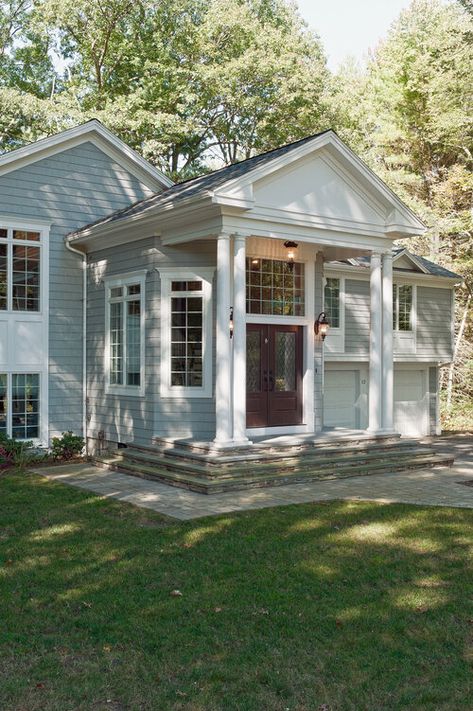 Boston Transitional Kitchen Addition Foyer High Ceilings — Divine Design Center Split Foyer Remodel Exterior, Split Foyer Entry, Entryway Addition, Split Foyer Remodel, Split Entry Remodel, Mudroom Addition, Raised Ranch Remodel, Entry Remodel, Foyer Remodel