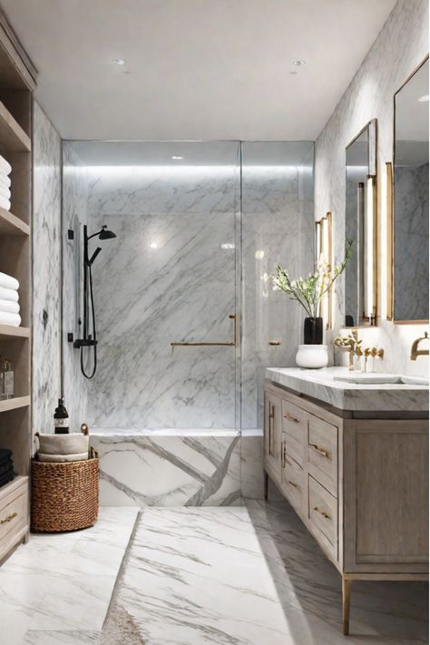 Bathroom vanity with various storage containers and baskets Simplistic Bathroom Ideas, Bathroom White Marble Floor, Modern White And Gold Bathroom, Calming Bathroom Ideas, White And Gold Bathroom Decor, Restoration Hardware Bathroom, His And Hers Bathroom, Dallas House, Bath Tile