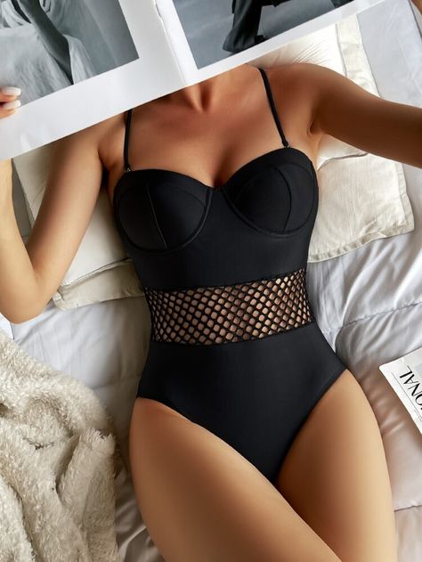 Free Shipping On Orders R3720+✓Get R44 Off On Your First Order✓500+ New Arrivals Dropped Daily✓Contrast Fishnet Push Up One Piece Swimsuit- Women One-Pieces at SHEIN. Underwire One Piece, Swimsuit Shein, Fashion 101, Beachwear For Women, One Piece For Women, Shein Style, Trendy Fashion Women, Women Swimsuits, Criss Cross