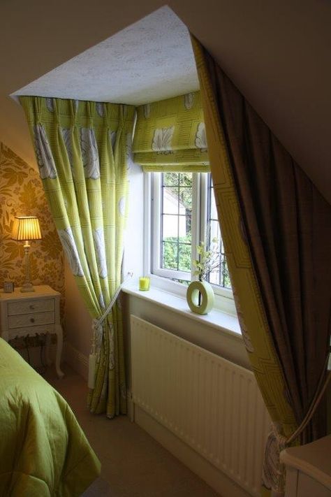 Hanging curtains in dormers. Master bedroom. Bathroom Window Dressing, Curtain Trends, Dormer Window, Bathroom Window Curtains, Bay Window Curtains, Ikea Curtains, Curtain Styles, French Country Living Room, Farmhouse Curtains