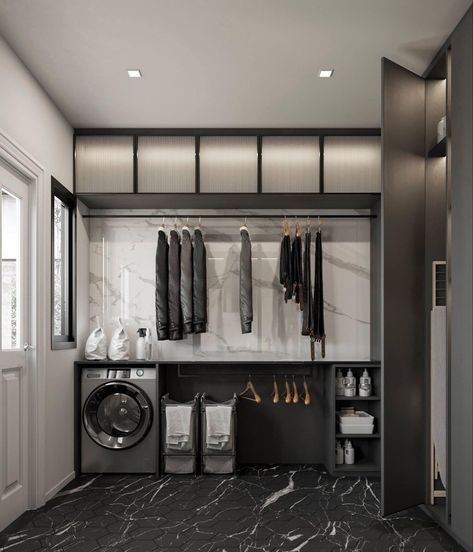 Dark Laundry, Laundry Aesthetic, Dröm Hus Planer, Laundry Inspiration, Perfect Laundry Room, Utility Room Designs, Modern Laundry, Stylish Laundry Room, Dream Laundry Room