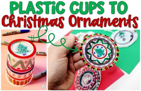 Plastic Cups to Christmas Ornaments Holiday Cup Craft, Christmas Ornaments From Plastic Cups, Clear Cup Melted Ornaments, Christmas Ornaments Out Of Plastic Cups, Christmas Cup Ornaments, Solo Cup Christmas Tree Ornament, Diy Plastic Cup Ornaments, Plastic Cup Ornaments Melted Ideas, Plastic Cups Ornaments