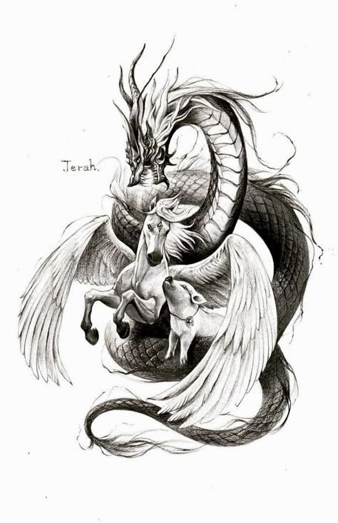 Dragon And Horse Tattoo, Flying Serpent, Dragon And Unicorn, Dragon Tattoo Stencil, Pegasus Tattoo, Sheep Tattoo, Rin And Sesshomaru, Pig Tattoo, Dragon Tattoo Art