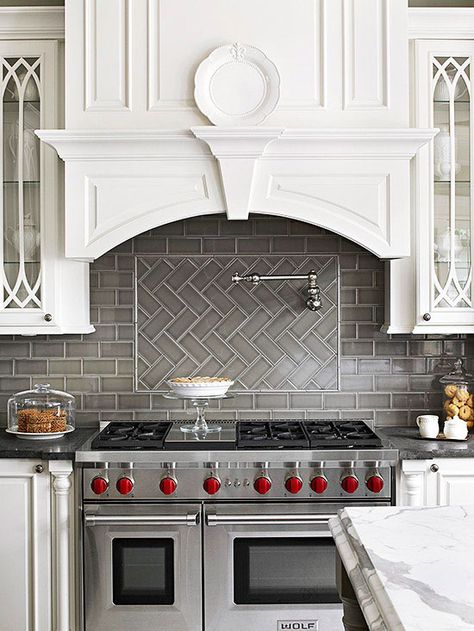 Try a herringbone pattern with your subway tile! More backsplash designs here: http://www.bhg.com/kitchen/backsplash/subway-tile-backsplash/?socsrc=bhgpin072014herringbonepattern&page=5 Classic Backsplash, Backsplash Herringbone, Herringbone Subway Tile, Subway Tile Kitchen, Herringbone Backsplash, Kitchen Backsplash Designs, Backsplash Designs, Kitchen Hoods, Subway Tile Backsplash