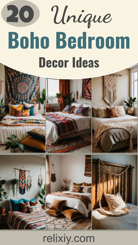 20 Unique Boho Bedroom Decor Ideas You Must Try Boho Over The Bed Wall Decor, Bedroom Ideas For Couples Boho, Modern Bohemian Bedroom Decor, Modern Bohemian Bedroom, Boho Bedroom Decor Ideas, Cozy Boho Bedroom, Earthy Vibes, Bed Wall Decor, Eclectic Aesthetic