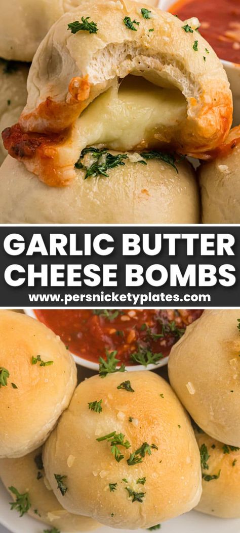 Transform freezer rolls into these Easy Garlic Cheese Bombs. Soft bread filled with melty, gooey cheese is baked to golden brown perfection and brushed with garlic butter. Perfect for spaghetti night or just as a snack, the whole family will love these! Freezer Rolls, Pillsbury Biscuit Recipes, Breakfast Biscuit Recipe, Easy Breads, Spaghetti Night, Persnickety Plates, Savory Bread Recipe, Cheese Rolls, Soft Bread