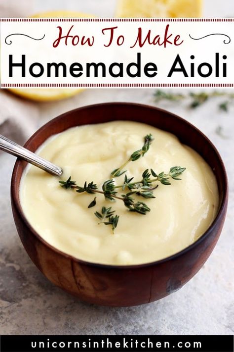 This garlic aioli recipe from scratch would change your life! This easy homemade sauce is perfect for dipping fried or crab cakes and is so delicious thanks to garlic and lemon. Check out other variations such as chipotle spicy and cilantro lime in the recipe. #aioli #aiolirecipe #homemadesauce Lemon Aoli Dressing, Garlic Lime Aioli, Aoli Recipe For Crab Cakes, Homemade Aioli Recipe, Aoili Recipe Garlic, Aoili Recipe Homemade, Homemade Garlic Aioli, Aioli For Crab Cakes, Lemon Aoli Recipe