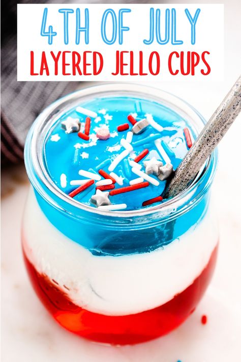 Red White And Blue Jello Desserts, July 4th Desserts Red White Blue, 4th Of July Jello Desserts, Fourth Of July Jello, Blue Jello Cups, Red White Blue Jello, Patriotic Jello, Jello And Cool Whip, Blue Desserts Recipes