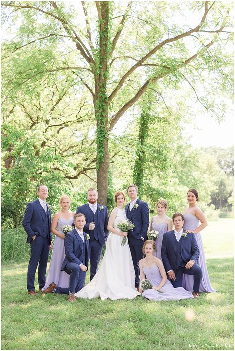 Navy And Wisteria Wedding, Navy And Lavender Groomsmen, Lavender And Navy Wedding Theme, Purple And Blue Wedding Party, Bridal Party Purple, Lilac Bridal Party, Lilac Bridesmaid Dresses With Groomsmen, Lilac Navy Wedding, Navy And Lilac Wedding