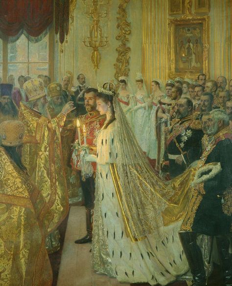 https://flic.kr/p/wEF4B4 | Queen Victoria's granddaughter: "Marriage of Nicholas II and Alexandra" 1895-96 by Laurits Regner Tuxen | "The Marriage of Nicholas II, Tsar of Russia, to Alexandra Feodorovna, 26th November 1894" Laurits Tuxen [Danish painter, 1853-1927] Oil on canvas, Royal Collection Trust, London. Alexei Romanov, Wedding Canvas, Alexandra Feodorovna, Royal Collection Trust, Sign Of The Cross, Romanov Dynasty, Tsar Nicholas Ii, Tsar Nicholas, Classic Artwork