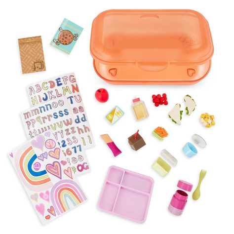 Unpack school day favorites with the Our Generation Ready for Lunch accessory set! Featuring over 20 play pieces, this 18-inch doll school set has everything kids need to explore hours of storytelling, including a storage case that doubles as a real pencil case for kids! Plus, this set includes 3 sticker sheets for added decorating and personalization. Use the cafeteria card to build a complete food tray with breakfast items like a cereal bar, apple, juice, and milk. The lunch bag will hold othe Our Generation Doll Storage, My Life Doll Stuff, Stitch Room, Our Generation Doll Accessories, Og Doll, My Life Doll Accessories, Lunch School, Og Dolls, School Lunch Bag