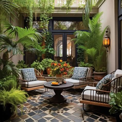 British Colonial Outdoor Patio, Back Patio Oasis, Colonial Patio Ideas, Colonial Garden Design, Italian Inspired Patio, British Colonial Patio, Colonial Patio, Small Courtyard Ideas, Art Deco Patio