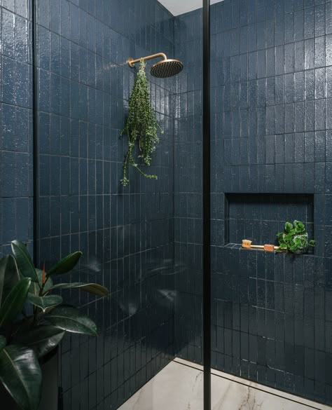 A deep navy brick tile from @waterworks brought so much depth and richness into the bathroom of this SF home. Most clients opt for light color palettes these days, so it was fun to work with so many different colors and textures in this recent project. Shout out to @mokumedesign for the amazing design, from start to finish. ⁠ ⁠ ⁠ --⁠ ⁠ Interior Design + Styling: @mokumedesign⁠ Builder: @phase2builders⁠ Photography: @christopherstark Navy Blue Houses, Small Bathroom Renos, Dark Blue Houses, Dark Blue Tile, Blue Shower Tile, Navy Blue Tile, Dark Blue Bathrooms, Navy Blue Bathrooms, Blue Tile Wall