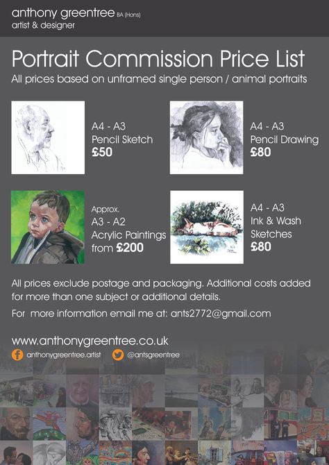 Portrait Commission Prices. Here is a rough guide to the sort of prices I charge. If you are after a commission of some sort for Christmas, then now is the time to get your order in. Prices based on unframed single person / animal portraits: A4 - A3 Pencil Sketch - £50 A4 - A3 Pencil Drawing - £80 Approx. A3 - A2 Acrylic Paintings from £200 A4 - A3 Ink & Wash Sketches - £80 All prices exclude postage and packaging For more information email me at: ants2772@gmail.com Art Commission Sheet Template, Commission Layout, Artist Commission Sheet, Commission Sheet Reference, Commission Sheet, Sketch Commission, Commission Prices, Drawing Commissions, Daily Sketch