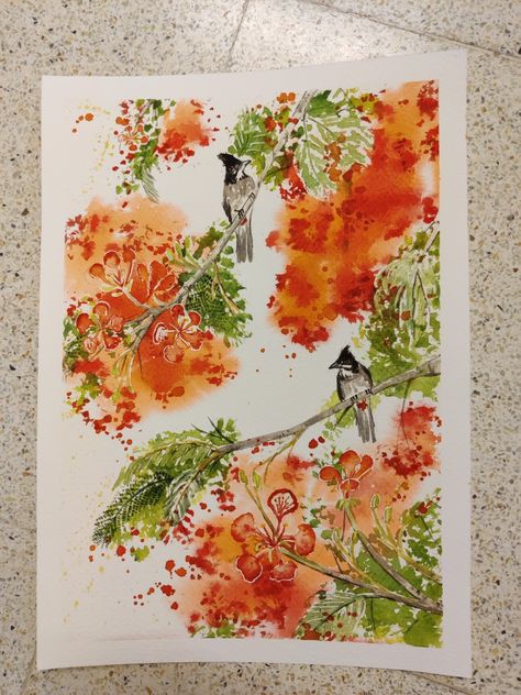 Watercolor painting of the gulmohar tree and bulbuls nesting. Gulmohar Tree, Tree Watercolor, Indian Flowers, Colour Painting, Watercolor Art Lessons, Watercolor Trees, Water Colour, Tree Painting, Paint Brushes