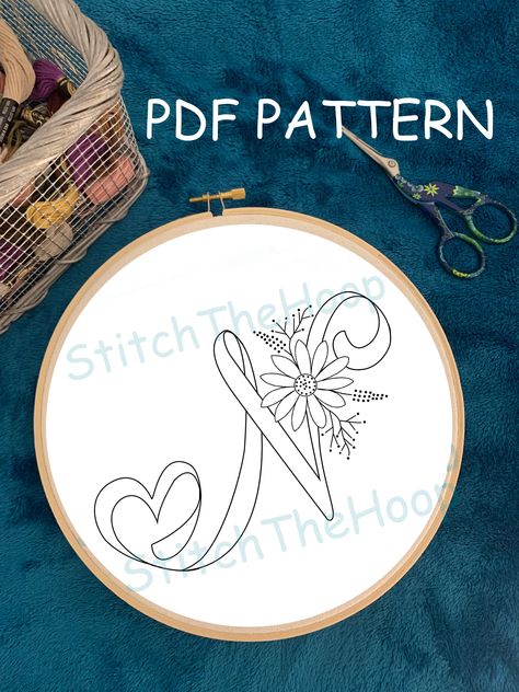 IMPORTANT NOTICE: you are purchasing a Digital PDF Pattern. You will NOT receive a physical item! This is embroidery pattern for floral letter "N" ideal size for 8" hoop and it is easily scalable at any size that you need. This is NOT a full pattern! It's just a TEMPLATE. The digital PDF file will be sent to you in Etsy shortly after your purchase, at which point you can print and transfer the design on to your fabric and embroider with the thread colors and stitches of your choice! (NO COLOR GU Name Embroidery Ideas Letters, Floral Embroidery Patterns Templates, Monogram Embroidery Letters, Embroidery Patterns Free Templates, Alphabet N, Cute Easy Doodles, Floral Alphabet, Boys Pattern, Embroidery Template