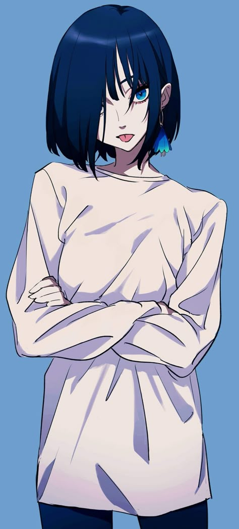 Cross Arms Pose Reference, Black Hair Blue Eyes Girl, Anime Arms, Short Hair Drawing, Hair Over One Eye, Crossed Arms, Arm Drawing, Blue Haired Girl, Black Hair Blue Eyes