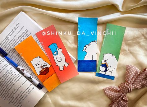 Anime Book Mark Ideas, Diy Door Painting Ideas, We Bear Bears Bookmark, We Bare Bears Bookmark, Panda Bookmark Diy, Bookmark Disney, Bear Bookmark, Handmade Bookmarks Diy, Ice Bears