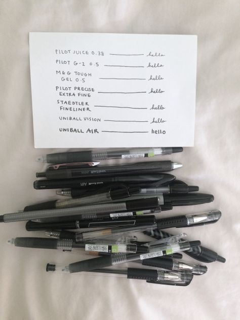 moved-to-jeonghanine: “ Thought I would share my pen collection! My favorite black pen is Pilot Juice 0.38 mm, and my favorite blue pen is Pentel Energel 0.5 mm. After trying out Muji pens for the... College Stationary, Muji Pens, Studying Stationary, Art School Supplies, Pretty School Supplies, Travel Art Kit, Pentel Energel, Study Essentials, Blue Pen