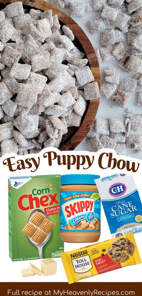 puppy chow recipe Peanut Butter Chex Mix Recipes, Thanksgiving Chex Mix Recipes, Chex Cereal Recipes, Puppy Chow Chex Mix, Peanut Butter Chex Mix, Puppy Chow Chex, Homemade Puppy Chow, Easy Puppy Chow Recipe, Easy Puppy Chow