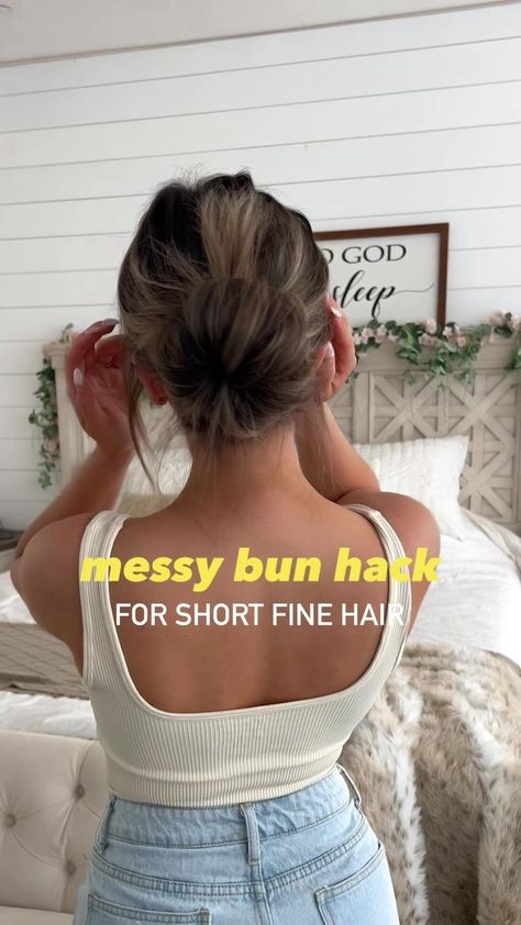 messy bun hack for all my short fine hair girlfriends 💙 have you tried this before? all you need is a scrunchie and a hair tie 🫶🏻 #shorthairstyle #messybun #finehairstyles #hairhacks #hairtrends | Eva Pautov Lazy Bun Hairstyles, Messy Bun Hack, Bun Hack, Messy Bun For Short Hair, Short Fine Hair, Short Hair Up, Short Hairstyles Fine, Lazy Hairstyles, Short Hair Bun