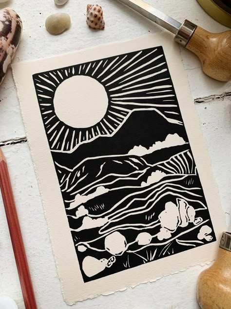 Mountain Block Print Outdoor Print | Etsy Mountain Lino Print, Block Printing Shirts, Block Print T Shirt, Mountain Linocut, Lino Print Designs, Block Print Ideas, Block Printing Ideas, Block Printing, Artsy Gift