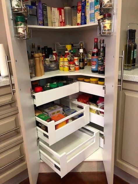 inaDRAWER® | corner pantry after open drawers - inaDRAWER® Kitchen Lazy Susan Ideas, Kitchen Lazy Susan, Corner Pantry Ideas, Kitchen Pantry Cupboard, Kitchen 2020, Pantry Drawers, Corner Pantry, Pantry Remodel, Pantry Cupboard