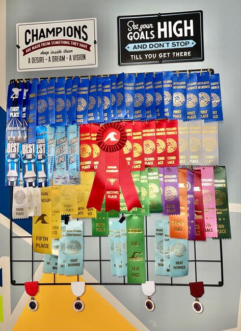 I pit my sons swim ribbons on a metal board from hobby lobby. Swim Ribbon Display, Ribbon Display Ideas, Swim Ribbons, Banner Ribbon, Ribbon Display, Award Ribbons, Metal Board, Award Display, My Sons