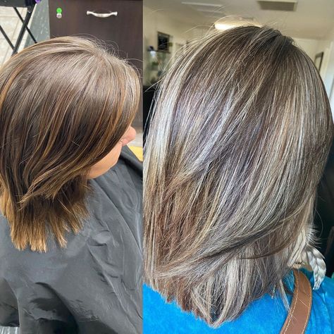 Blending gray and creating dimension so it grows out gracefully!! This hair turned out so beautiful, inspired by @jackmartincolorist! Have… | Instagram Grey Blending Highlight Lowlight, Blending Gray Hair With Light Brown, Grey Blending Light Brown Hair, 7n Hair Color With Highlights, Gray Blending Light Brown Hair, Brown Hair Gray Blending, 7n Hair Color, Lowlights Hair, Silver Pixie