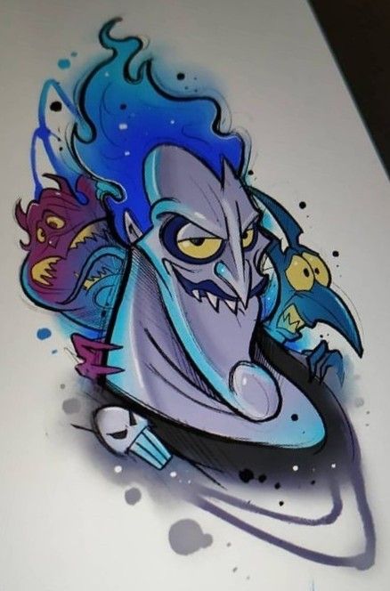 Disney Villians Tattoos, The Pjs Cartoon, Hades Tattoo Disney, Disney Villains Tattoos, Disney Villain Tattoo Sleeve, Villain Tattoo Ideas, Disney Hercules Tattoo, Emperors New Groove Tattoo, Disney Villain Tattoo