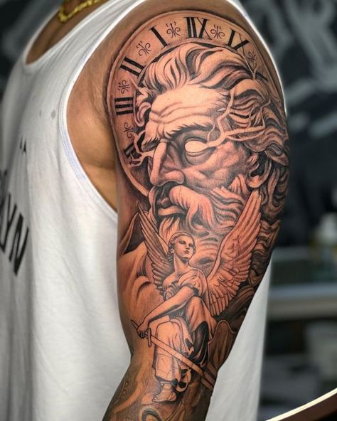 Old Clock Tattoo, Zeus Tattoo, Father Tattoos, Lion Head Tattoos, Dragon Sleeve Tattoos, Tattoo Outline Drawing, God Tattoos, Half Sleeve Tattoos For Guys, Clock Tattoo