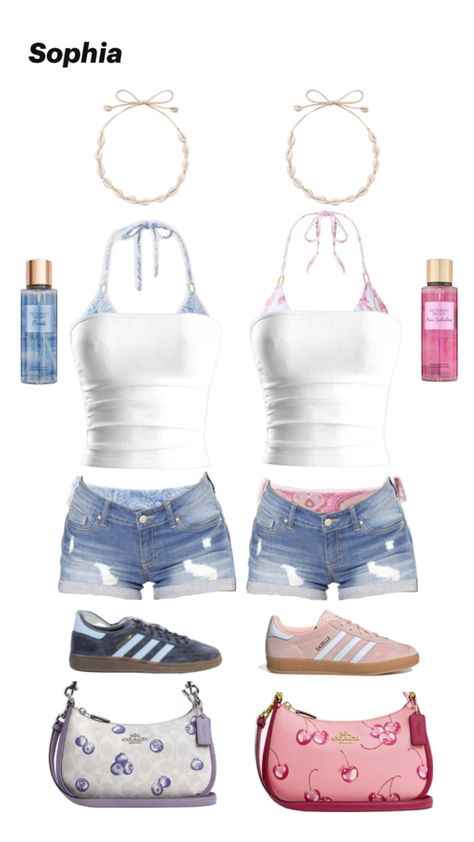 Pink blue matching twin beach coach bikini Matching Beach Outfits, Pink Beach Outfit, Beach Outfits Teenager, Beach Outfits, Pink Beach, Summer Fashion Outfits, Blue And Pink, Beach Outfit, Summer Fashion