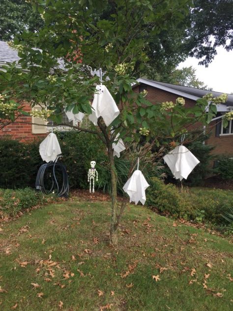 I was at Walmart this morning, and I saw these cute little ghosts.  I said to my husband, "Wouldn't they be cute hanging from our tree?"  And he said, "You could make that."  The original ghost was $3.98 each.  I went back to the craft section and picked up some plain white cotton fabric, some… Hanging Ghosts From Trees, Tree Ghosts Hanging Diy, How To Make Ghosts, Outdoor Ghosts, Ghost Crafts, Ghost Diy, Sheet Ghost, Hanging Ghosts, Ghost Decoration