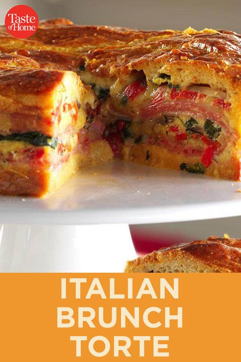 Italian Sandwich Torte, Italian Recipes Breakfast, Italian Brunch Menu Ideas, Room Temperature Brunch Recipes, Italian Brunch Torte, Brunch Pasta Ideas, Italian Brunch Aesthetic, Italian Breakfast Cake, Italian Brunch Recipes