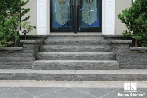 Chiseled Limestone Steps | Schut's Front Porch Stone Steps, Limestone Steps, Mobile Home Steps, Front Porch Stone, Front Stairs, Limestone Paving, Porch Remodel, Patio Steps, Blue Granite