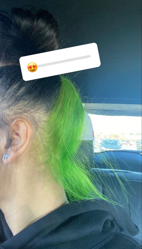 Neon Green Skunk Stripe Hair, Yellow Peekaboo Hair, Skunk Stripe Green, Split Dyed Hair Ideas, Green Skunk Stripe Hair, Ginger And Green Hair, Green Peekaboo Hair, Dyed Hair Underneath, Green And Brown Hair